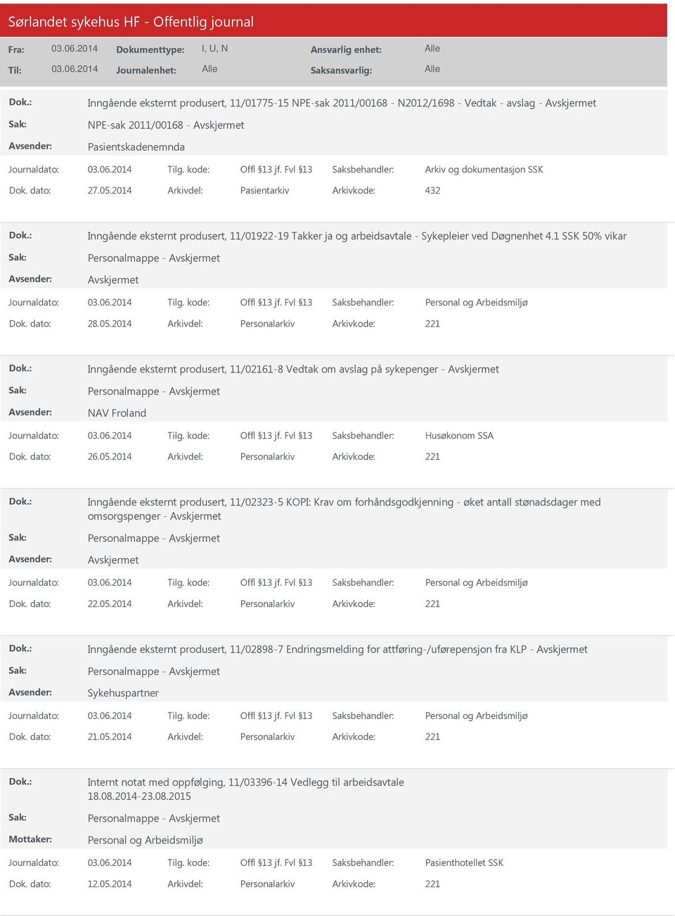 2014 Arkivdel: Personalarkiv Arkivkode: 221 Inngående eksternt produsert, 11/02161-8 Vedtak om avslag på sykepenger - Personalmappe - NAV Froland Husøkonom SSA Dok. dato: 26.05.