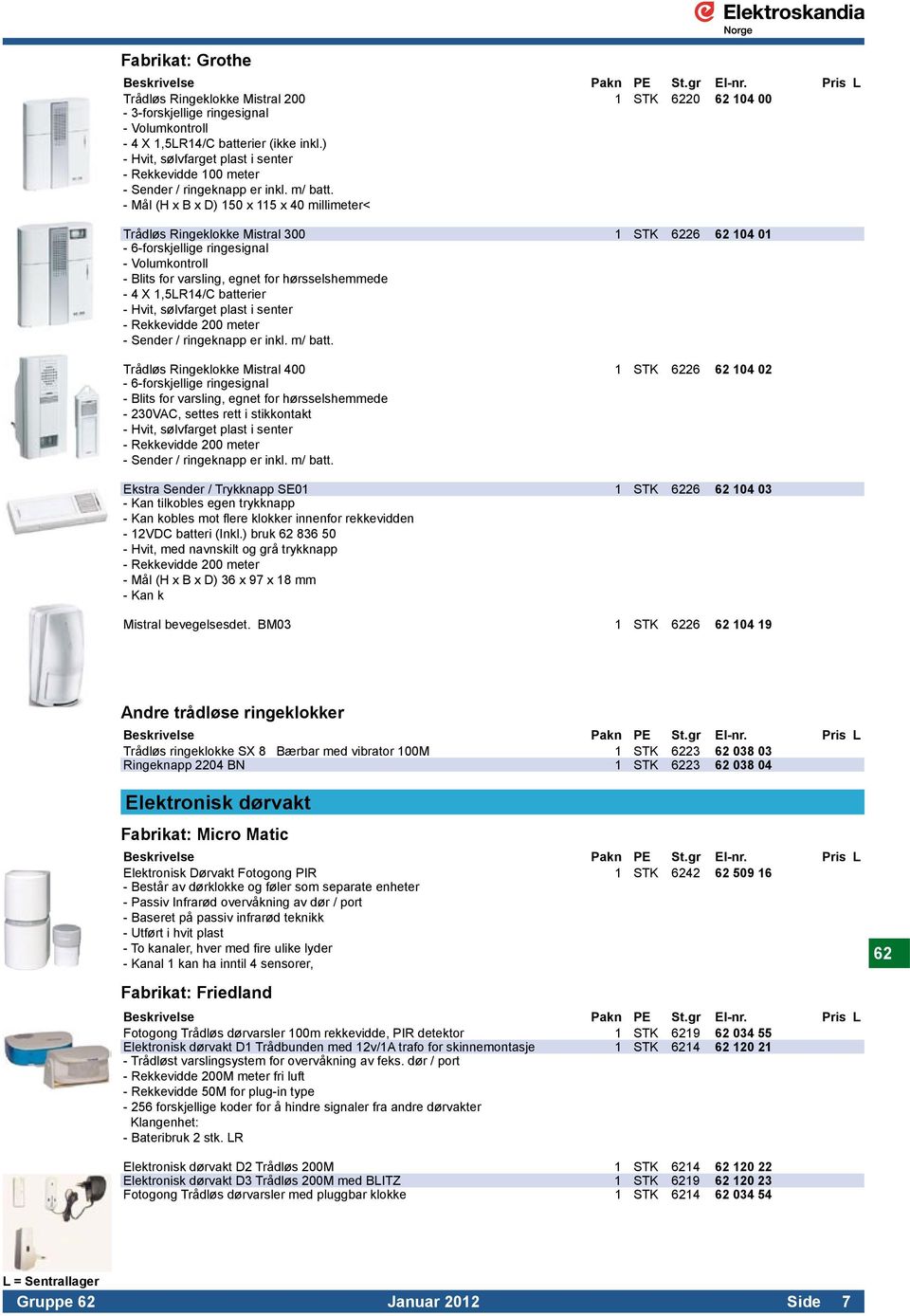 - Volumkontroll. - Blits for varsling, egnet for hørsselshemmede. - 4 X 1,5LR14/C batterier. - Hvit, sølvfarget plast i senter. - Rekkevidde 200 meter. - Sender / ringeknapp er inkl. m/ batt.