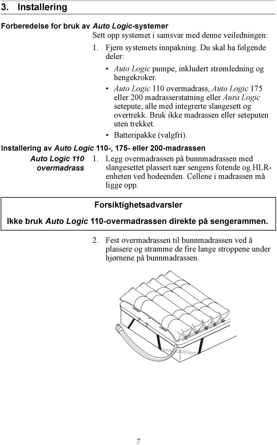 Auto Logic 110 overmadrass, Auto Logic 175 eller 200 madrasserstatning eller Aura Logic setepute, alle med integrerte slangesett og overtrekk. Bruk ikke madrassen eller seteputen uten trekket.