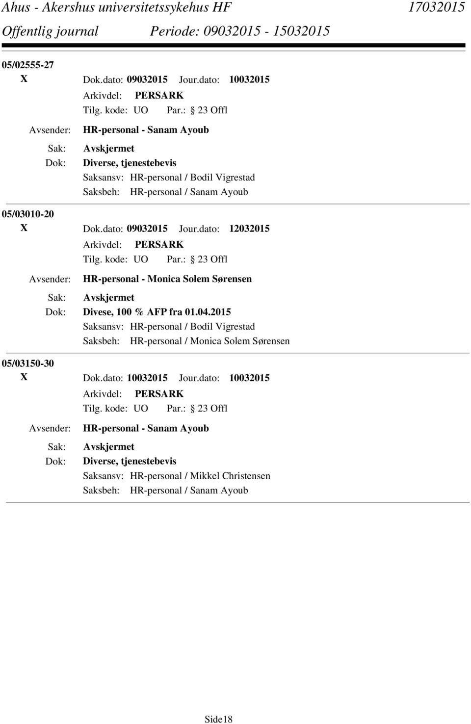 05/03010-20 X Dok.dato: 09032015 Jour.dato: 12032015 HR-personal - Monica Solem Sørensen Divese, 100 % AFP fra 01.04.