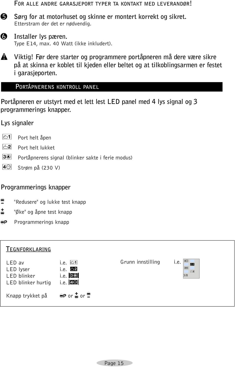 PORTÅPNERENS KONOLL PANEL Portåpneren er utstyrt med et lett lest LED panel med 4 lys signal og 3 programmerings knapper.