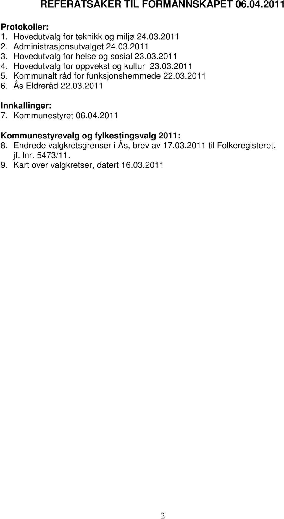 Kommunalt råd for funksjonshemmede 22.03.2011 6. Ås Eldreråd 22.03.2011 Innkallinger: 7. Kommunestyret 06.04.