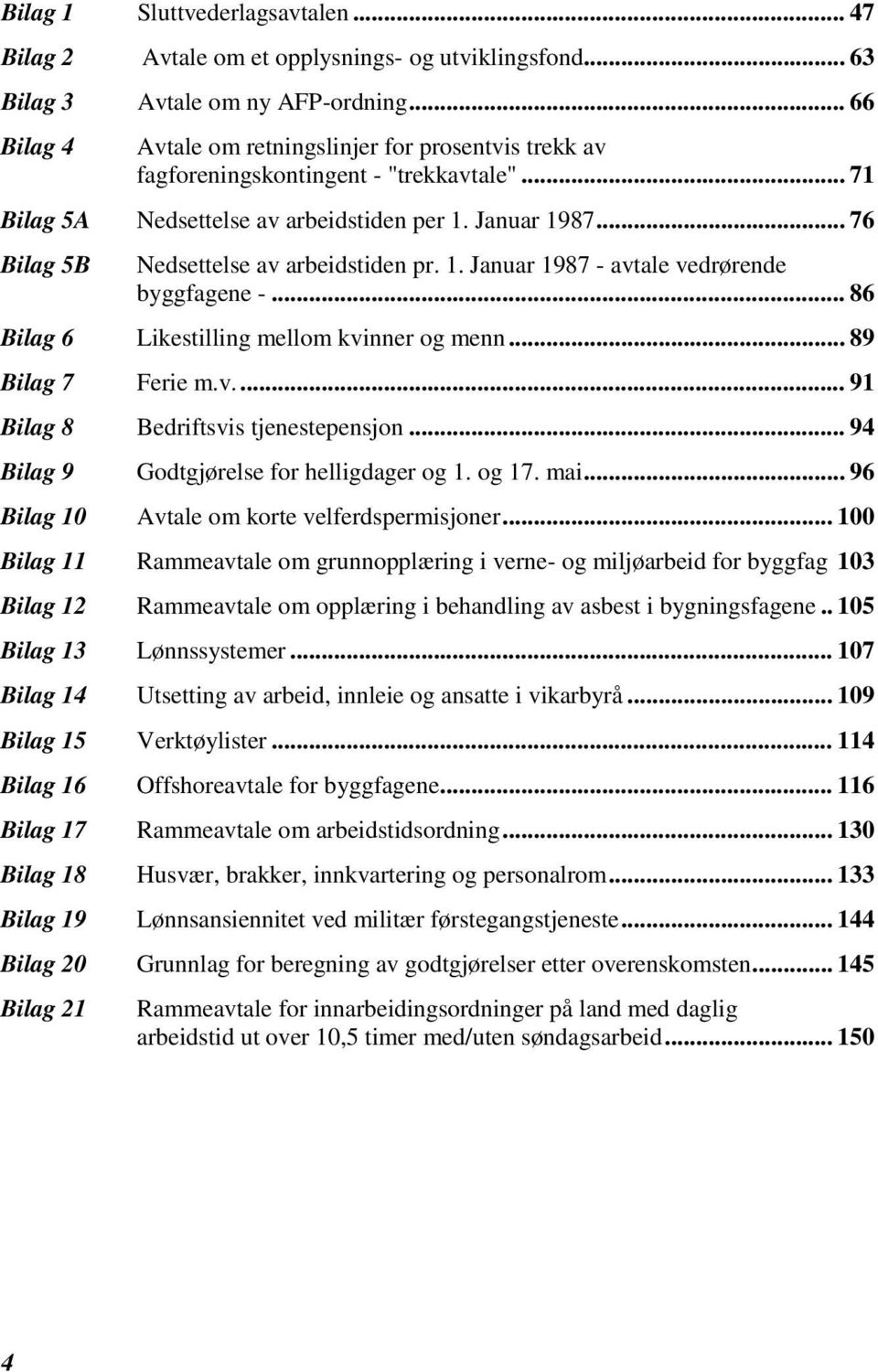 .. 76 Bilag 5B Nedsettelse av arbeidstiden pr. 1. Januar 1987 - avtale vedrørende byggfagene -... 86 Bilag 6 Likestilling mellom kvinner og menn... 89 Bilag 7 Ferie m.v.... 91 Bilag 8 Bedriftsvis tjenestepensjon.