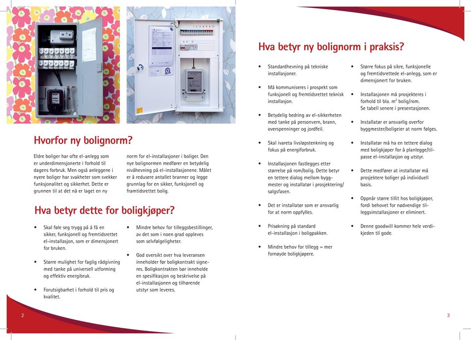 Den nye bolignormen medfører en betydelig nivåhevning på el-installasjonene. Målet er å redusere antallet branner og legge grunnlag for en sikker, funksjonell og framtidsrettet bolig.