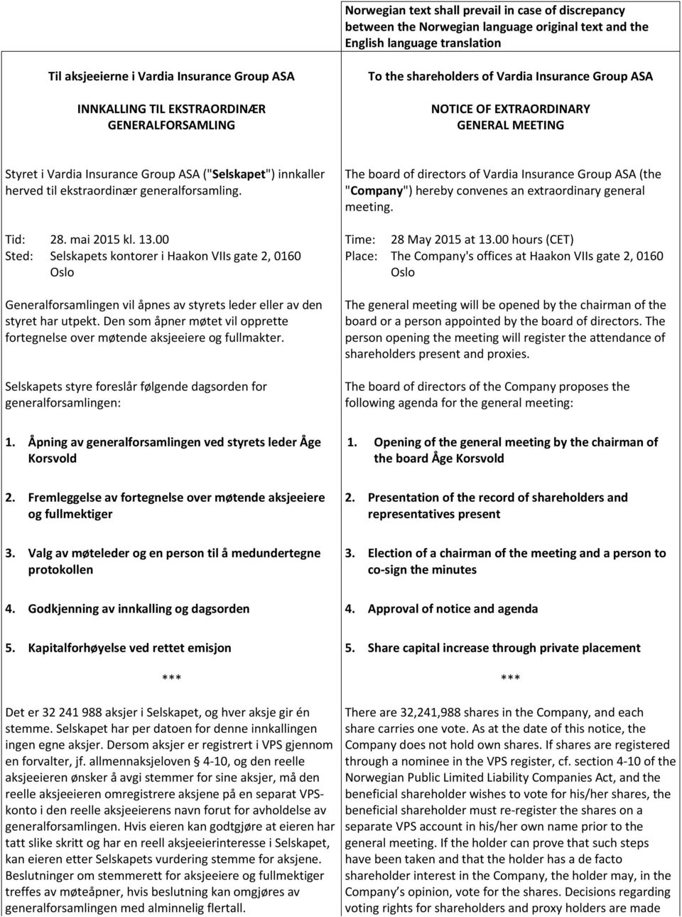 ekstraordinær generalforsamling. Tid: 28. mai 2015 kl. 13.00 Sted: Selskapets kontorer i Haakon VIIs gate 2, 0160 Oslo Generalforsamlingen vil åpnes av styrets leder eller av den styret har utpekt.