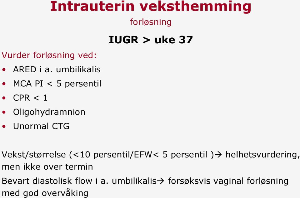 forløsning IUGR > uke 37 Vekst/størrelse (<10 persentil/efw< 5 persentil )