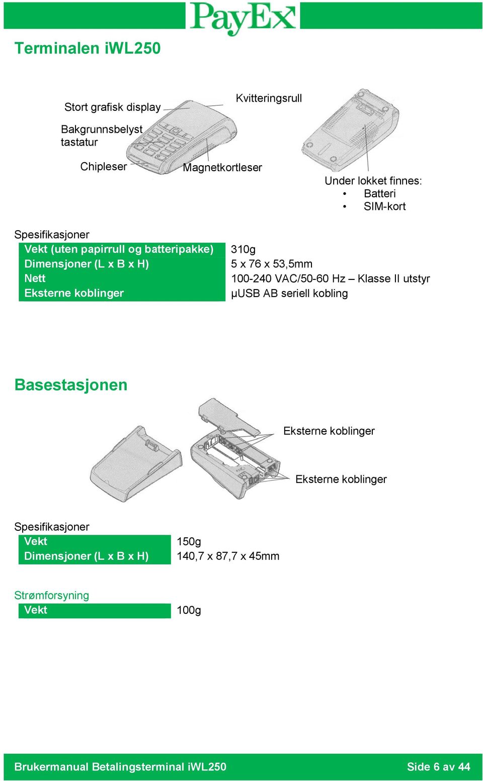 x 53,5mm 100-240 VAC/50-60 Hz Klasse II utstyr µusb AB seriell kobling Basestasjonen Eksterne koblinger Eksterne koblinger