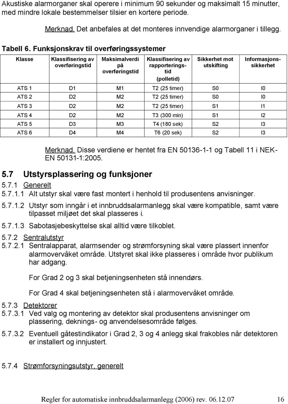 Funksjonskrav til overføringssystemer Klasse Klassifisering av overføringstid Maksimalverdi på overføringstid Klassifisering av rapporteringstid (polletid) Sikkerhet mot utskifting