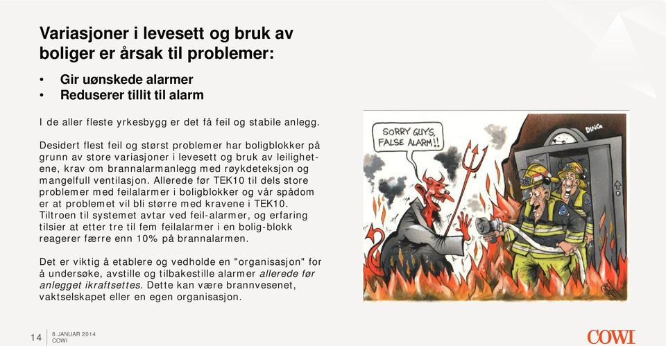 Allerede før TEK10 til dels store problemer med feilalarmer i boligblokker og vår spådom er at problemet vil bli større med kravene i TEK10.