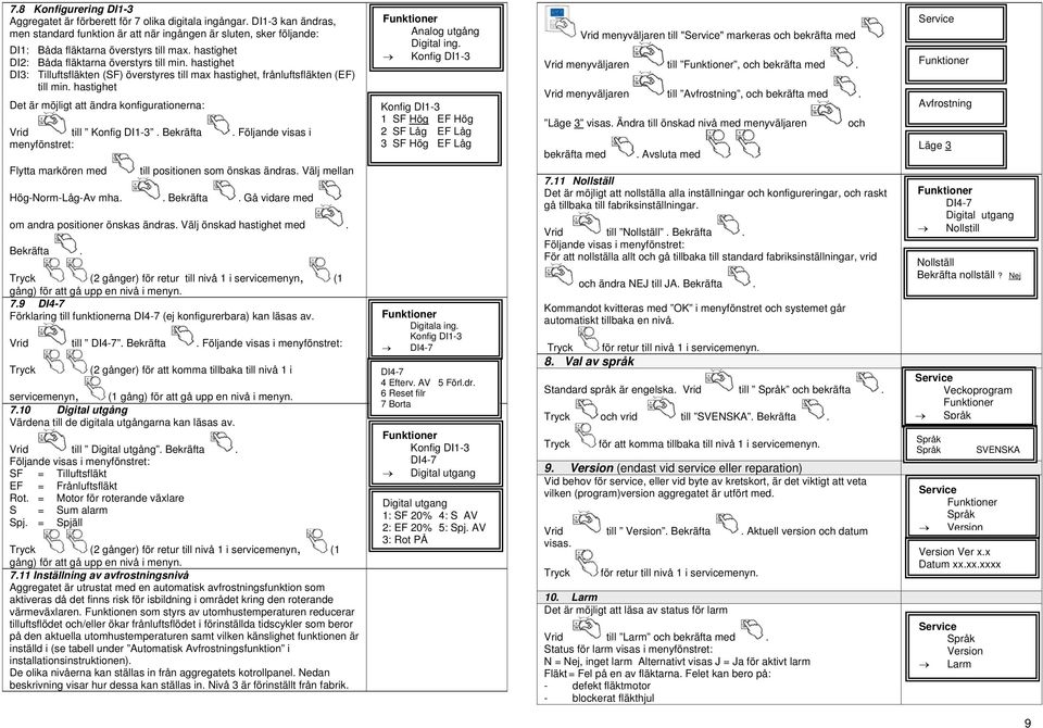 hastighet DI3: Tilluftsfläkten (SF) överstyres till max hastighet, frånluftsfläkten (EF) till min. hastighet Det är möjligt att ändra konfigurationerna: Vrid till Konfig DI1-3. Bekräfta.