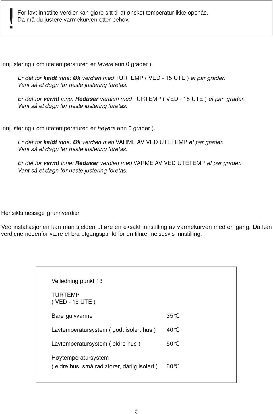 Er det for varmt inne: Reduser verdien med TURTEMP ( VED - 15 UTE ) et par grader. Vent så et døgn før neste justering foretas. Innjustering ( om utetemperaturen er høyere enn 0 grader ).