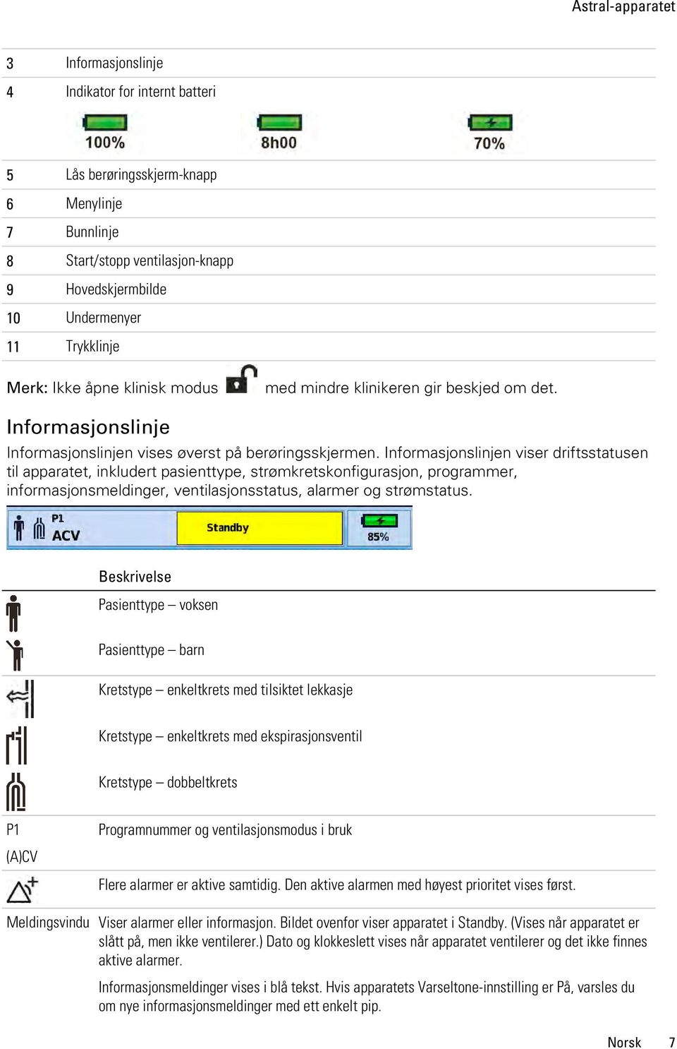 Informasjonslinjen viser driftsstatusen til apparatet, inkludert pasienttype, strømkretskonfigurasjon, programmer, informasjonsmeldinger, ventilasjonsstatus, alarmer og strømstatus.