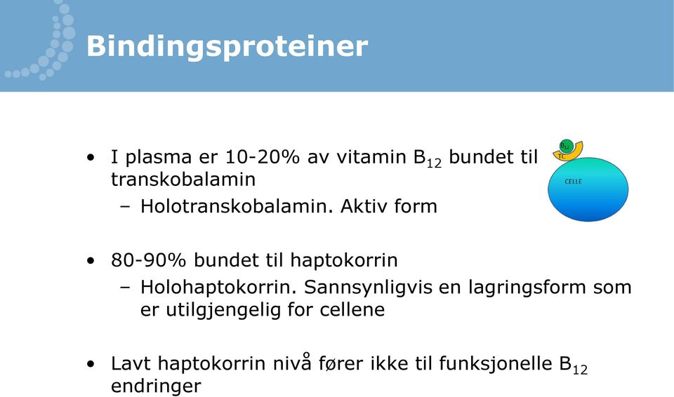 Aktiv form 80-90% bundet til haptokorrin Holohaptokorrin.