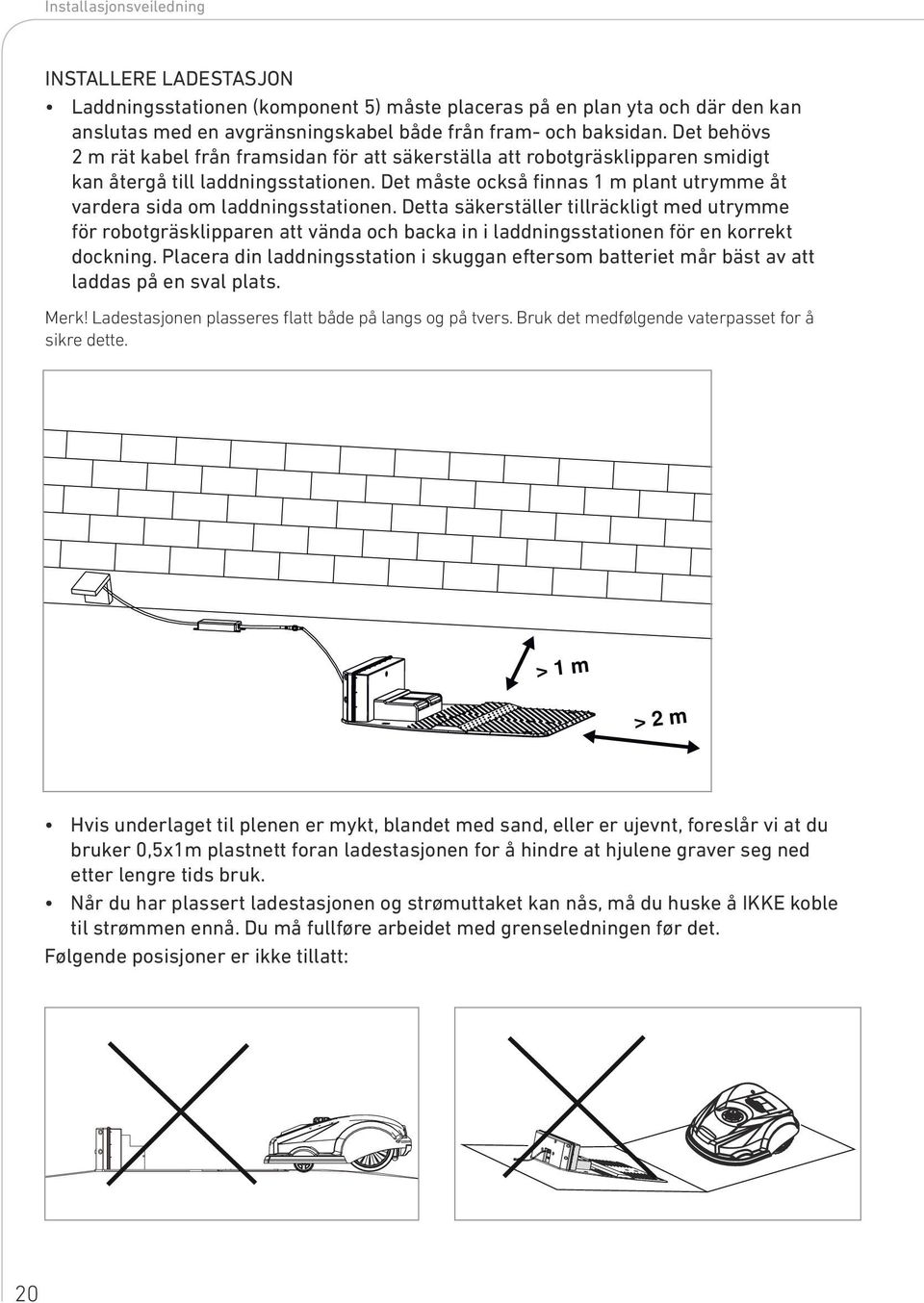 Det måste också finnas 1 m plant utrymme åt vardera sida om laddningsstationen.