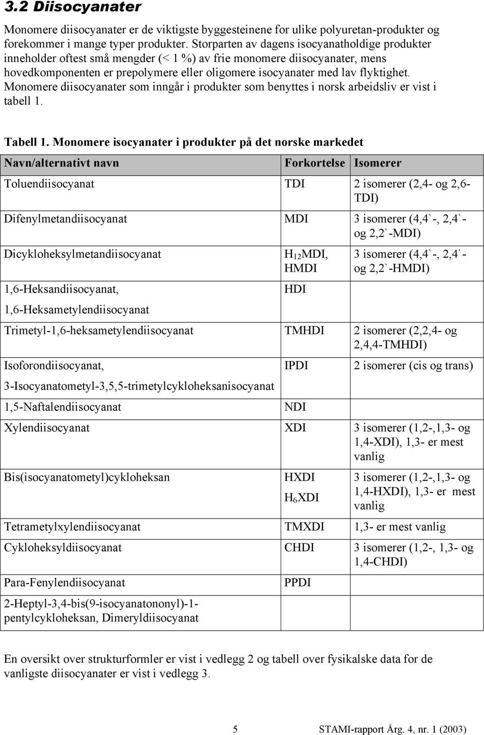 flyktighet. Monomere diisocyanater som inngår i produkter som benyttes i norsk arbeidsliv er vist i tabell 1. Tabell 1.