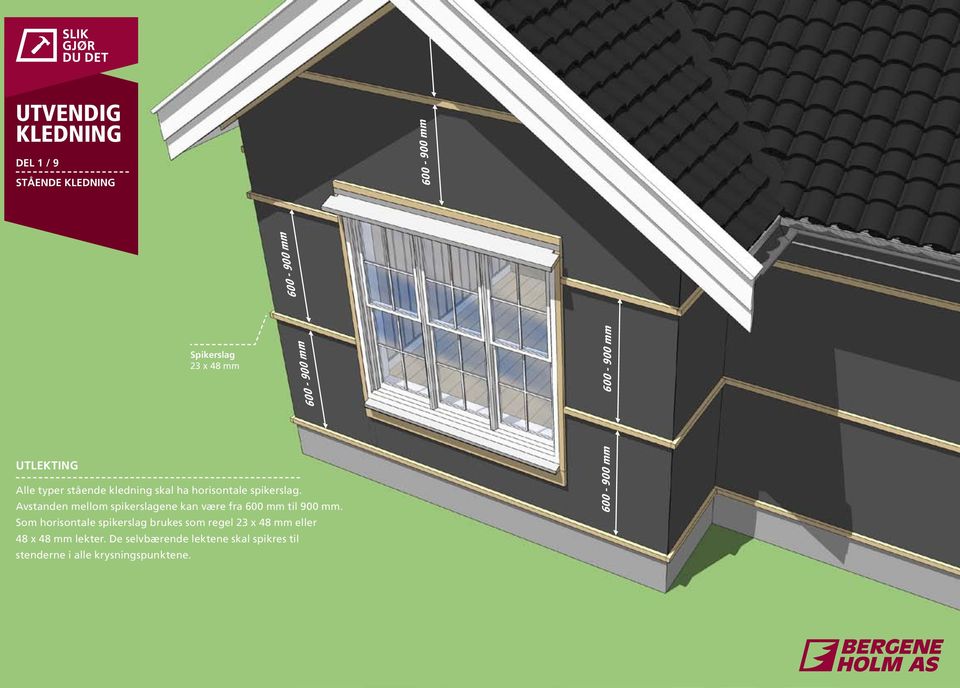 Avstanden mellom spikerslagene kan være fra 600 mm til 900 mm.