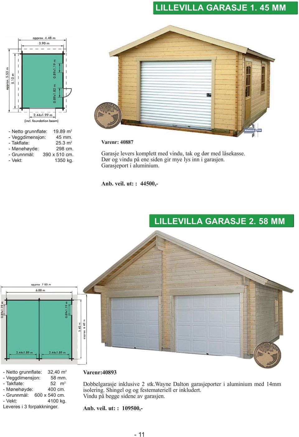 ut: : 44500,- LILLEVILLA GARASJE 2. 58 MM - Netto grunnflate: 32,40 m 2 - Veggdimensjon: 58 mm. - Takflate: 52 m 2 - Mønehøyde: 400 cm. - Grunnmål: 600 x 540 cm. - Vekt: 4100 kg.