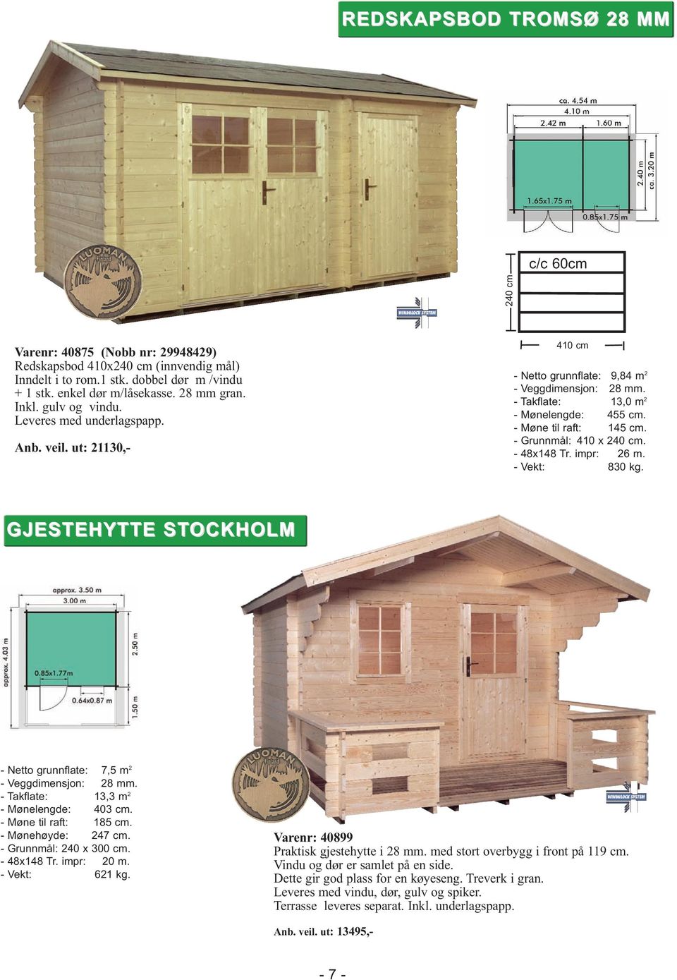 - Møne til raft: 145 cm. - Grunnmål: 410 x 240 cm. - 48x148 Tr. impr: 26 m. - Vekt: 830 kg. GJESTEHYTTE STOCKHOLM - Netto grunnflate: 7,5 m 2 - Veggdimensjon: 28 mm.