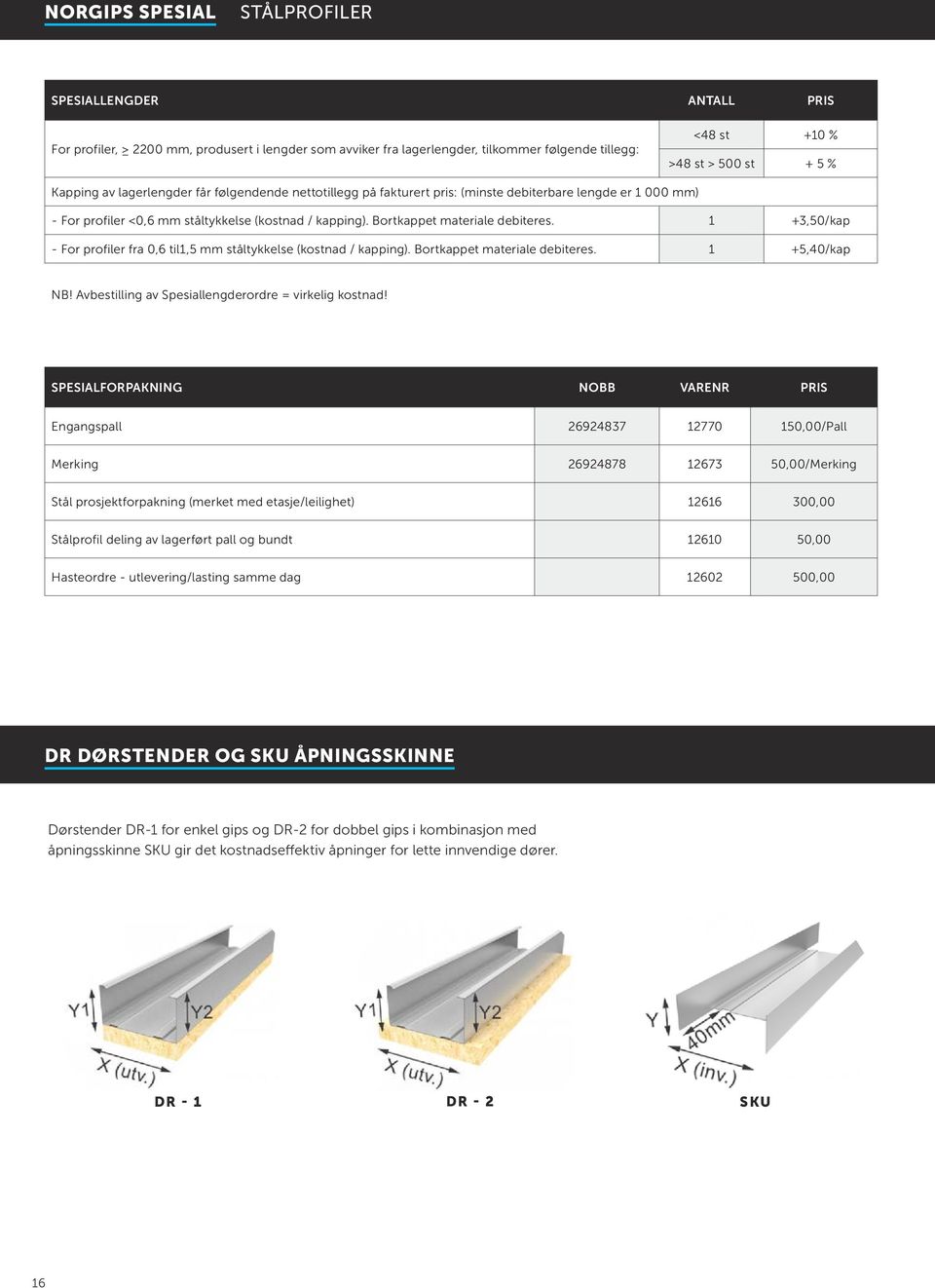 1 +3,50/kap - For profiler fra 0,6 til1,5 mm ståltykkelse (kostnad / kapping). Bortkappet materiale debiteres. 1 +5,0/kap NB! Avbestilling av Spesiallengderordre = virkelig kostnad!