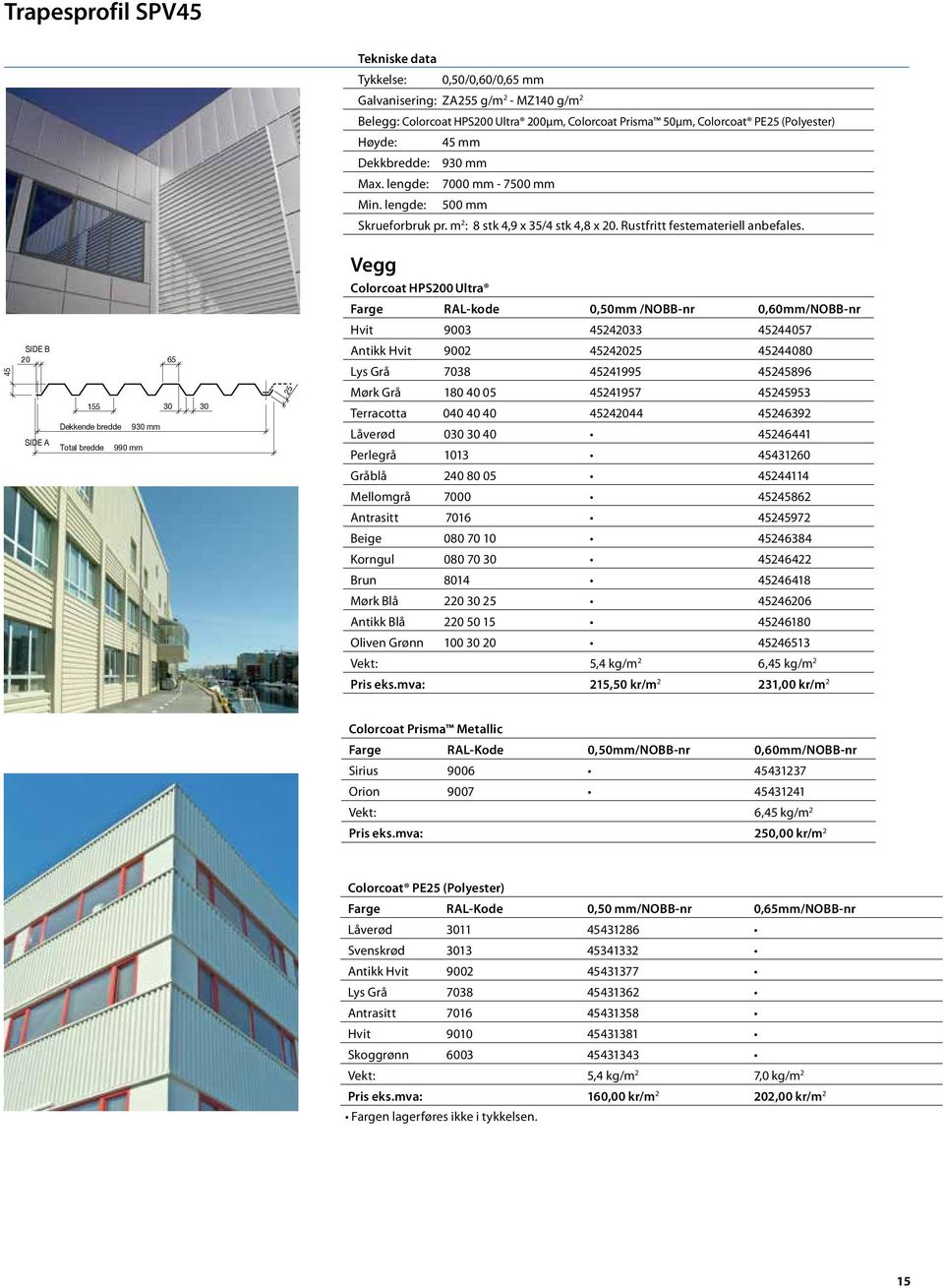 Rød prisgruppe 45 SIDE B 20 SIDE A 65 5 30 Dekkende bredde 930 mm Total bredde 990 mm 30 25 Vegg Colorcoat HPS200 Ultra Farge RAL-kode 0,50mm /NOBB-nr 0,60mm/NOBB-nr Hvit 9003 45242033 45244057