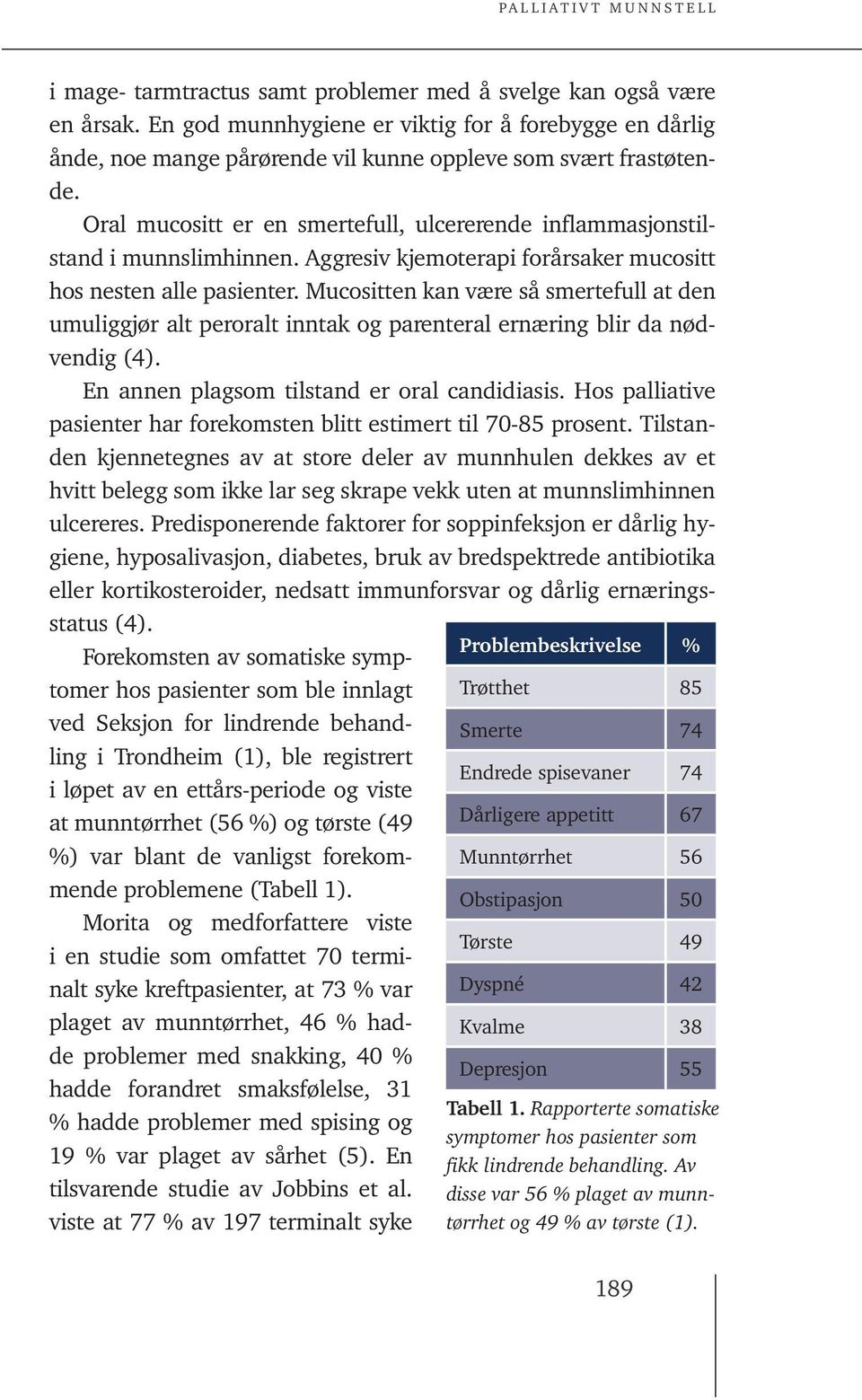 Mucositten kan være så smertefull at den umuliggjør alt peroralt inntak og parenteral ernæring blir da nødvendig (4). En annen plagsom tilstand er oral candidiasis.