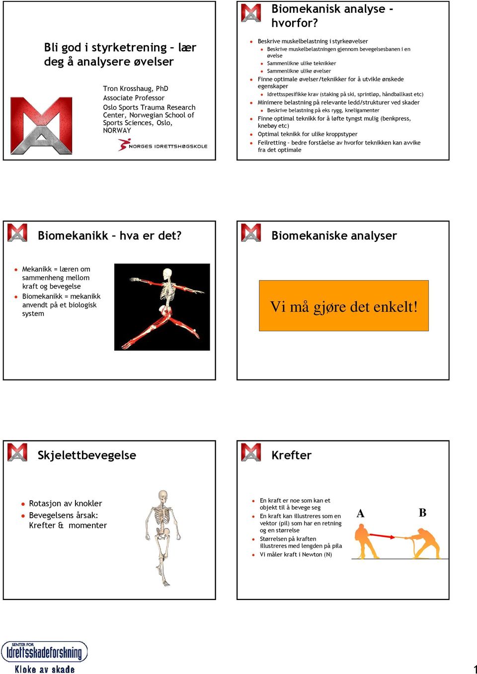 muskelbelastning i styrkeøvelser Beskrive muskelbelastningen gjennom bevegelsesbanen i en øvelse Sammenlikne ulike teknikker Sammenlikne ulike øvelser Finne optimale øvelser/teknikker for å utvikle