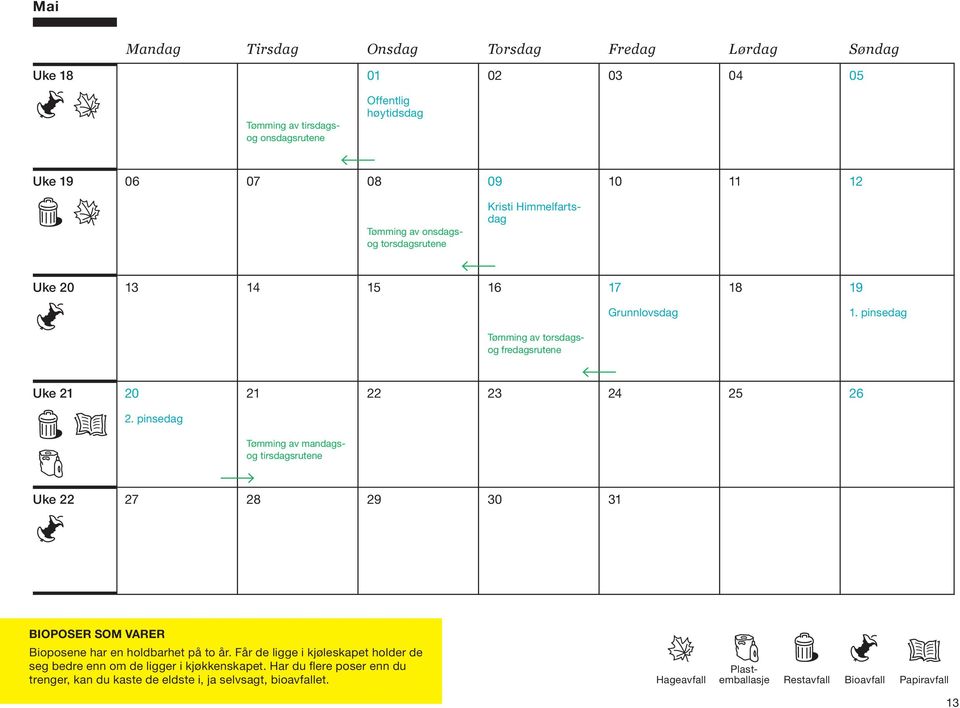 pinsedag Tømming av mandagsog tirsdagsrutene Uke 22 27 28 29 30 31 BiOPOSEr SOm varer Bioposene har en holdbarhet på to år.