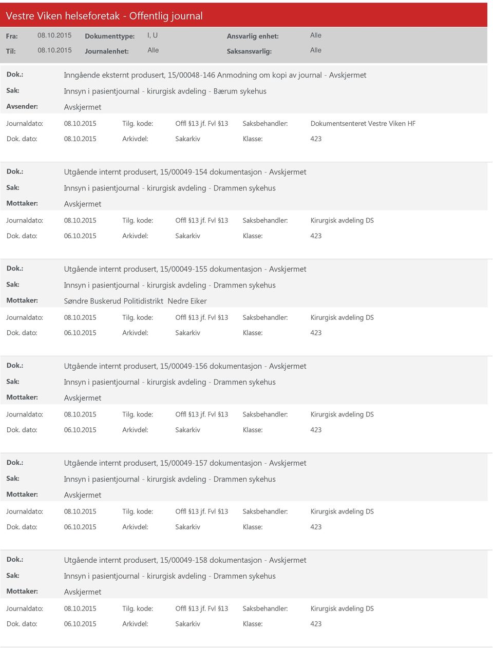 15/00049-155 dokumentasjon - Innsyn i pasientjournal - kirurgisk avdeling - Drammen sykehus Søndre Buskerud Politidistrikt Nedre Eiker Kirurgisk avdeling DS tgående internt produsert, 15/00049-156