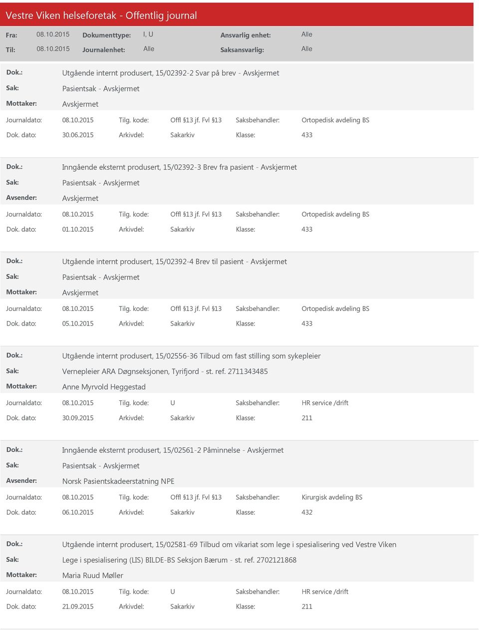 2015 Arkivdel: Sakarkiv 433 tgående internt produsert, 15/02392-4 Brev til pasient - Pasientsak - Ortopedisk avdeling BS 433 tgående internt produsert, 15/02556-36 Tilbud om fast stilling som