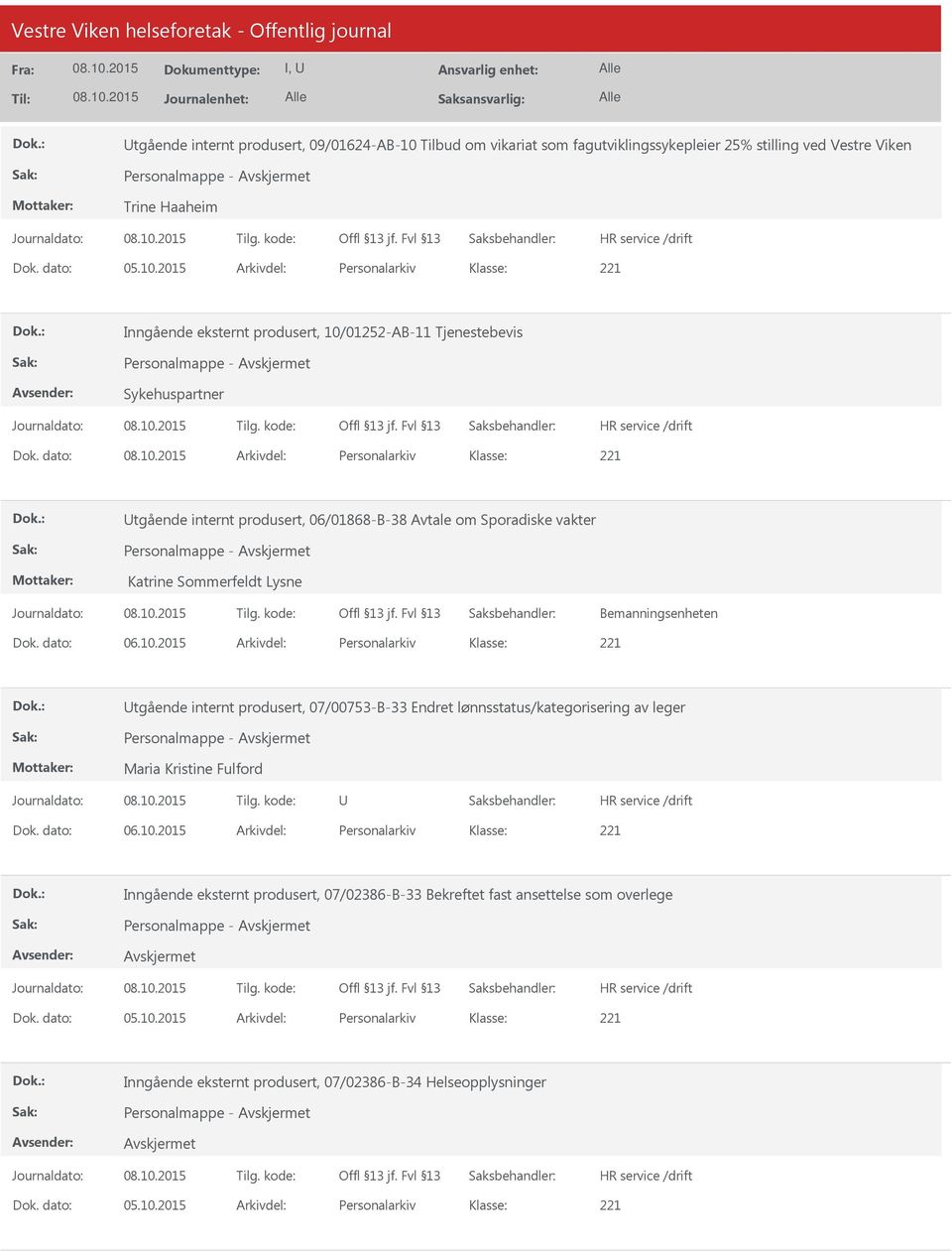 2015 Arkivdel: Personalarkiv tgående internt produsert, 07/00753-B-33 Endret lønnsstatus/kategorisering av leger Personalmappe - Maria Kristine Fulford Dok. dato: 06.10.