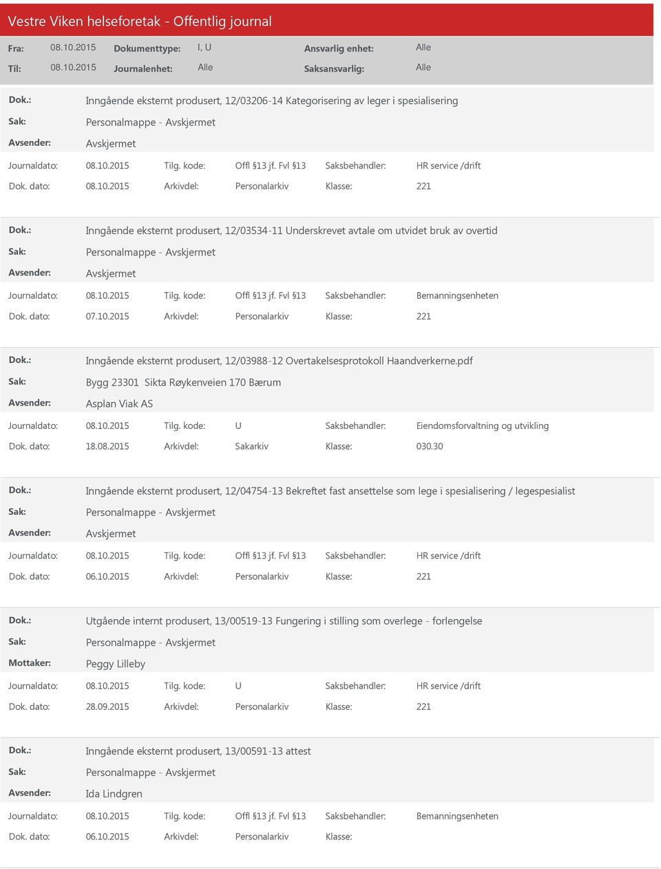 2015 Arkivdel: Personalarkiv Inngående eksternt produsert, 12/03988-12 Overtakelsesprotokoll Haandverkerne.