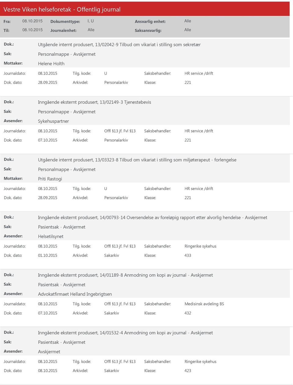 2015 Arkivdel: Personalarkiv tgående internt produsert, 13/03323-8 Tilbud om vikariat i stilling som miljøterapeut - forlengelse Personalmappe - Priti Rastogi Dok. dato: 28.09.