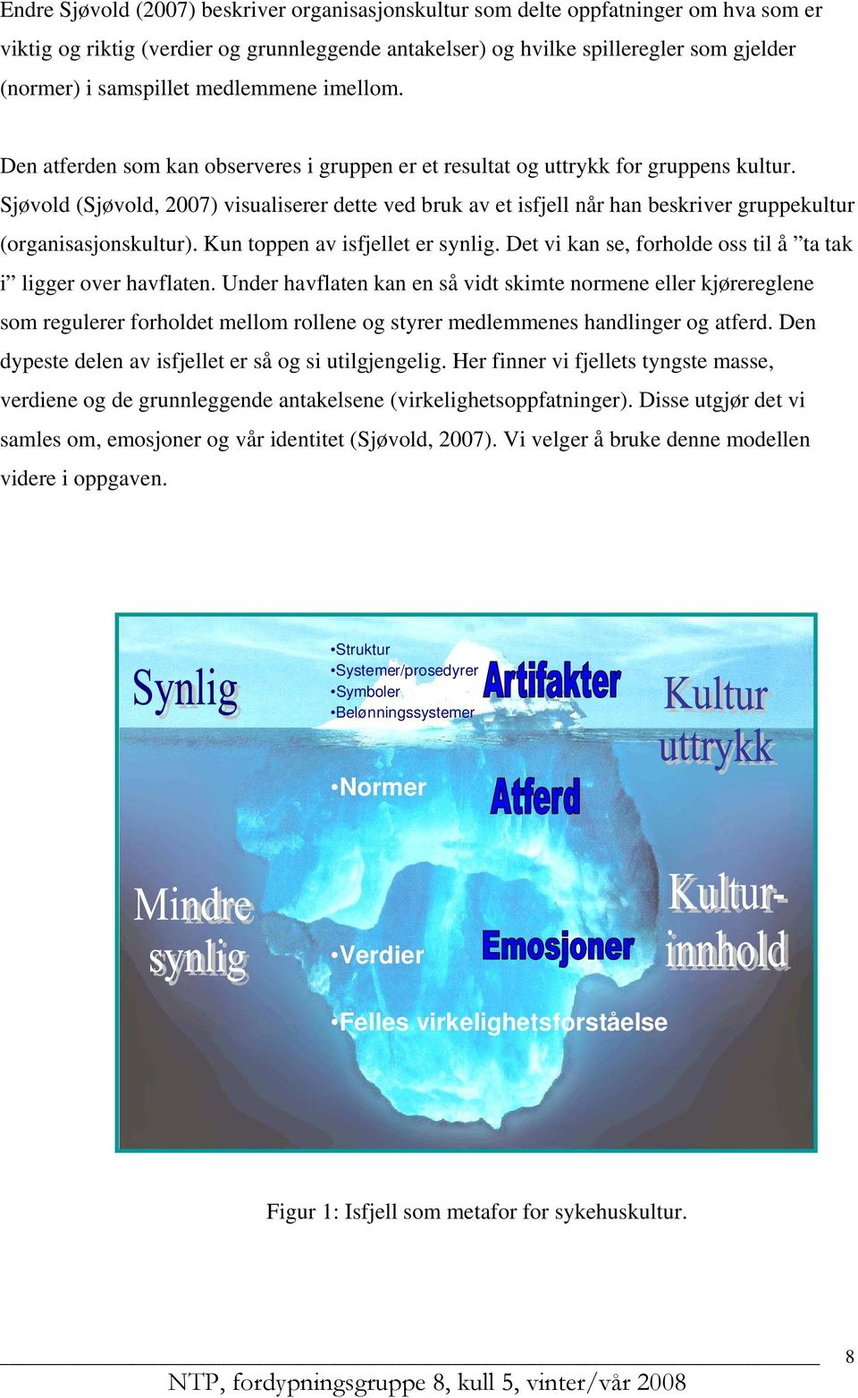 Sjøvold (Sjøvold, 2007) visualiserer dette ved bruk av et isfjell når han beskriver gruppekultur (organisasjonskultur). Kun toppen av isfjellet er synlig.