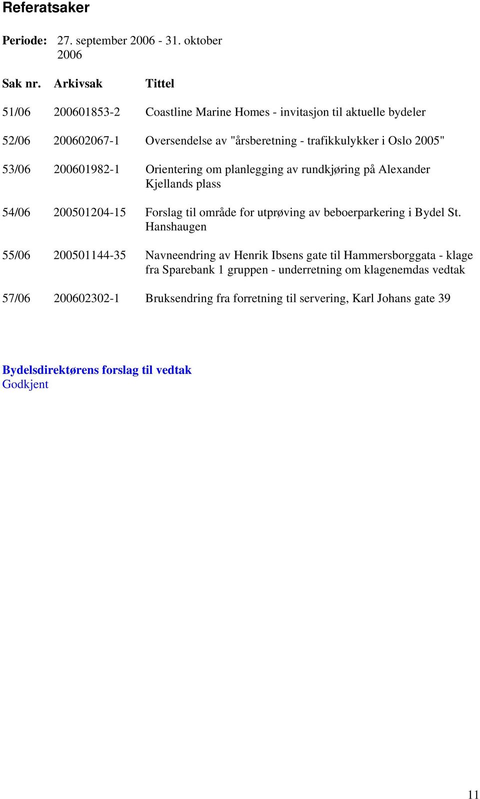 53/06 200601982-1 Orientering om planlegging av rundkjøring på Alexander Kjellands plass 54/06 200501204-15 Forslag til område for utprøving av beboerparkering i Bydel St.