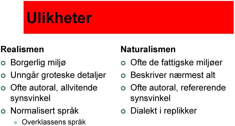 Overklassens språk Naturalismen Ofte de fattigske miljøer