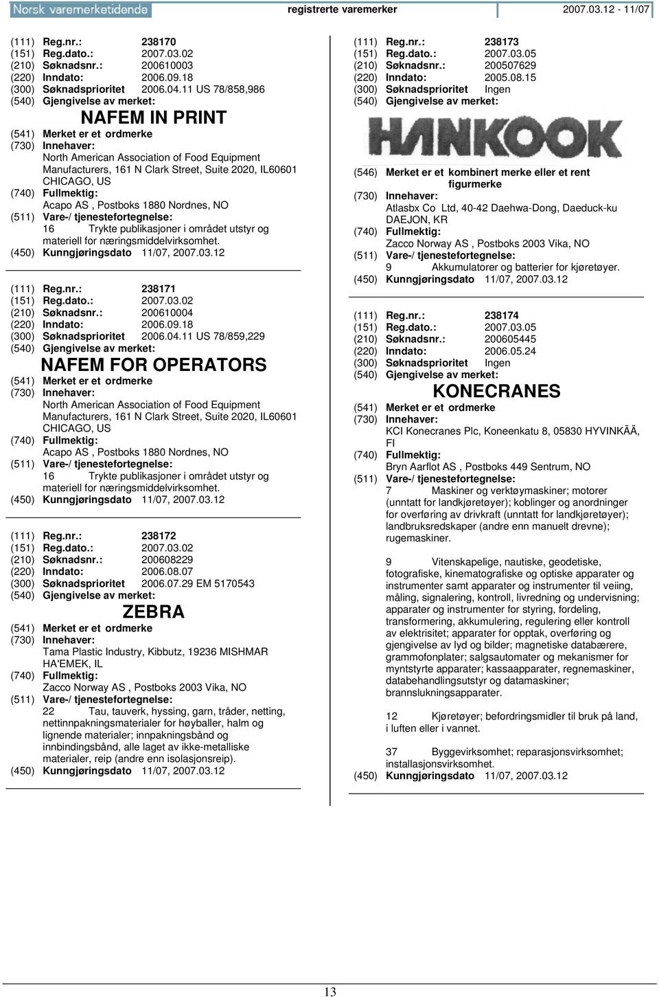 publikasjoner i området utstyr og materiell for næringsmiddelvirksomhet. (111) Reg.nr.: 238171 (151) Reg.dato.: 2007.03.02 (210) Søknadsnr.: 200610004 (220) Inndato: 2006.09.