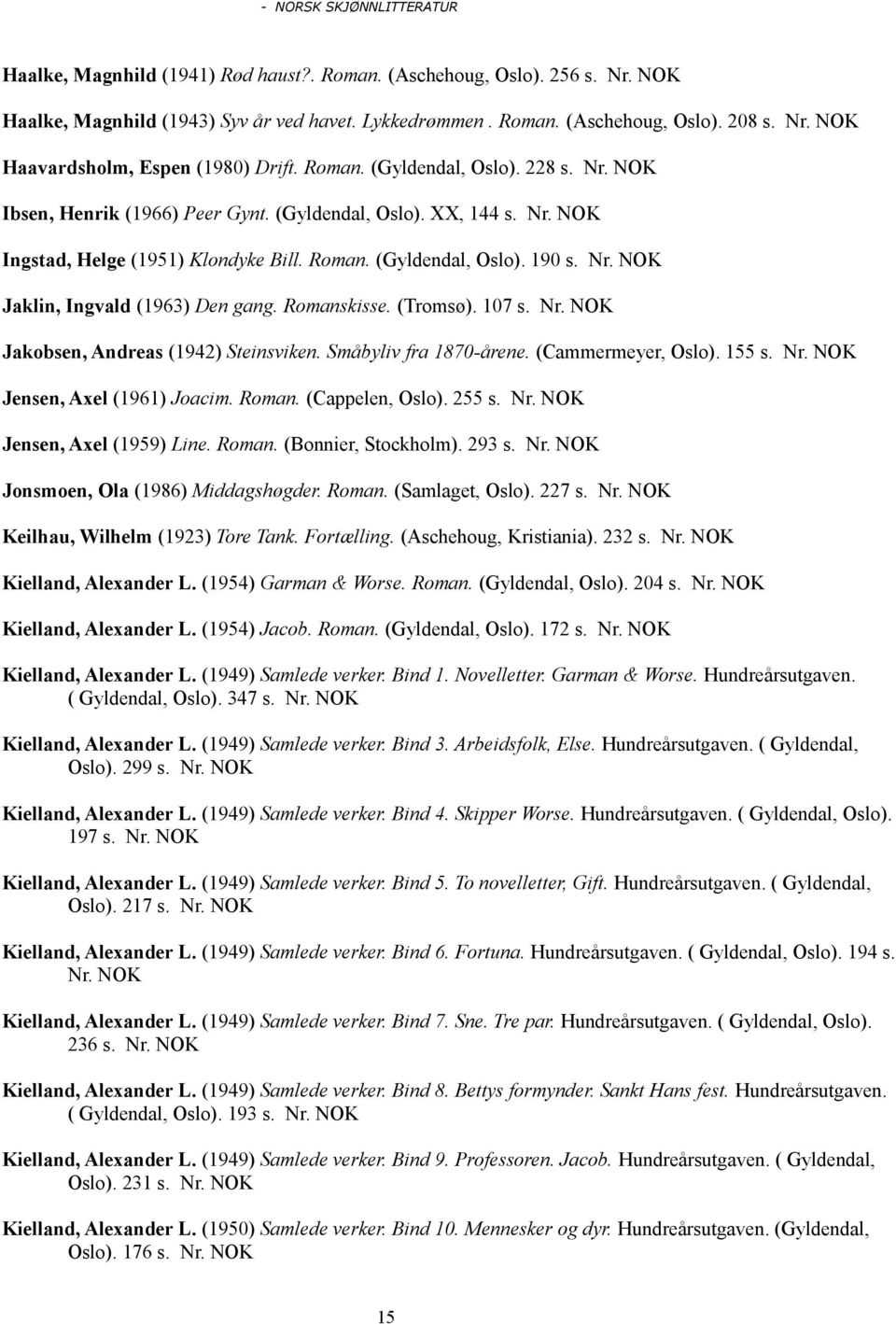 Romanskisse. (Tromsø). 107 s. Nr. Jakobsen, Andreas (1942) Steinsviken. Småbyliv fra 1870-årene. (Cammermeyer, Oslo). 155 s. Nr. Jensen, Axel (1961) Joacim. Roman. (Cappelen, Oslo). 255 s. Nr. Jensen, Axel (1959) Line.