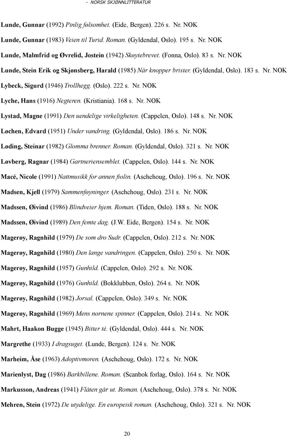 (Kristiania). 168 s. Nr. Lystad, Magne (1991) Den uendelige virkeligheten. (Cappelen, Oslo). 148 s. Nr. Løchen, Edvard (1951) Under vandring. (Gyldendal, Oslo). 186 s. Nr. Løding, Steinar (1982) Glomma brenner.