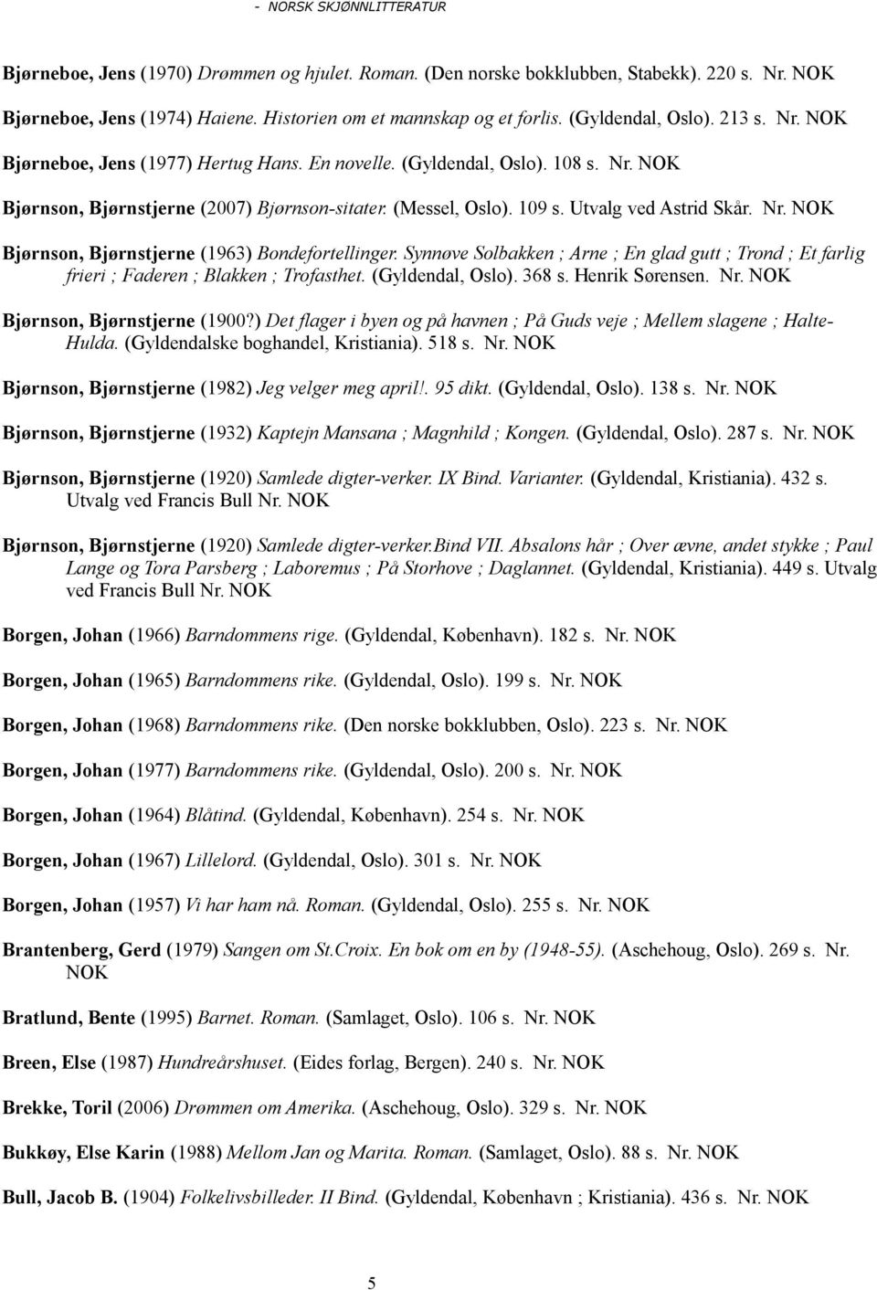 Utvalg ved Astrid Skår. Nr. Bjørnson, Bjørnstjerne (1963) Bondefortellinger. Synnøve Solbakken ; Arne ; En glad gutt ; Trond ; Et farlig frieri ; Faderen ; Blakken ; Trofasthet. (Gyldendal, Oslo).