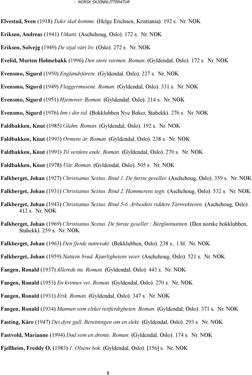 Roman. (Gyldendal, Oslo). 331 s. Nr. Evensmo, Sigurd (1951) Hjemover. Roman. (Gyldendal, Oslo). 214 s. Nr. Evensmo, Sigurd (1976) Inn i din tid. (Bokklubben Nye Bøker, Stabekk). 276 s. Nr. Faldbakken, Knut (1985) Glahn.