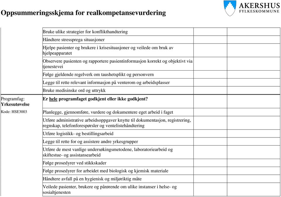 arbeidsplasser Bruke medisinske ord og uttrykk Planlegge, gjennomføre, vurdere og dokumentere eget arbeid i faget Utføre administrative arbeidsoppgaver knytte til dokumentasjon, registrering,