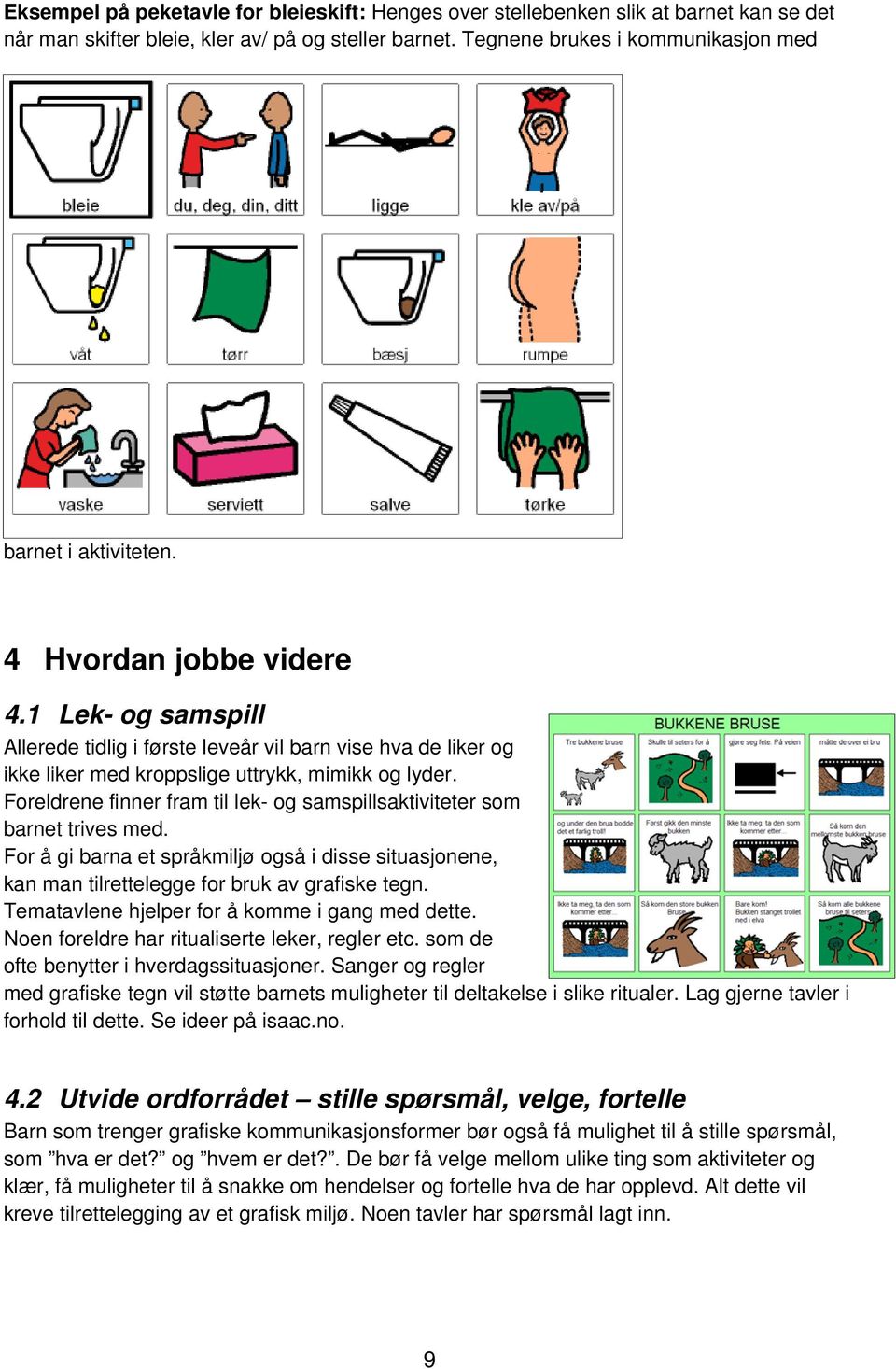 Foreldrene finner fram til lek- og samspillsaktiviteter som barnet trives med. For å gi barna et språkmiljø også i disse situasjonene, kan man tilrettelegge for bruk av grafiske tegn.