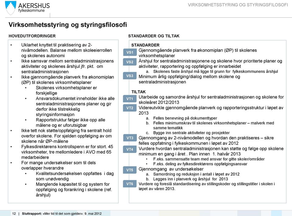 om sentraladministrasjonen Ikke gjennomgående planverk fra økonomiplan (ØP) til skolenes virksomhetsplaner Skolenes virksomhetsplaner er forskjellige Ansvarsdokumentet inneholder ikke alle