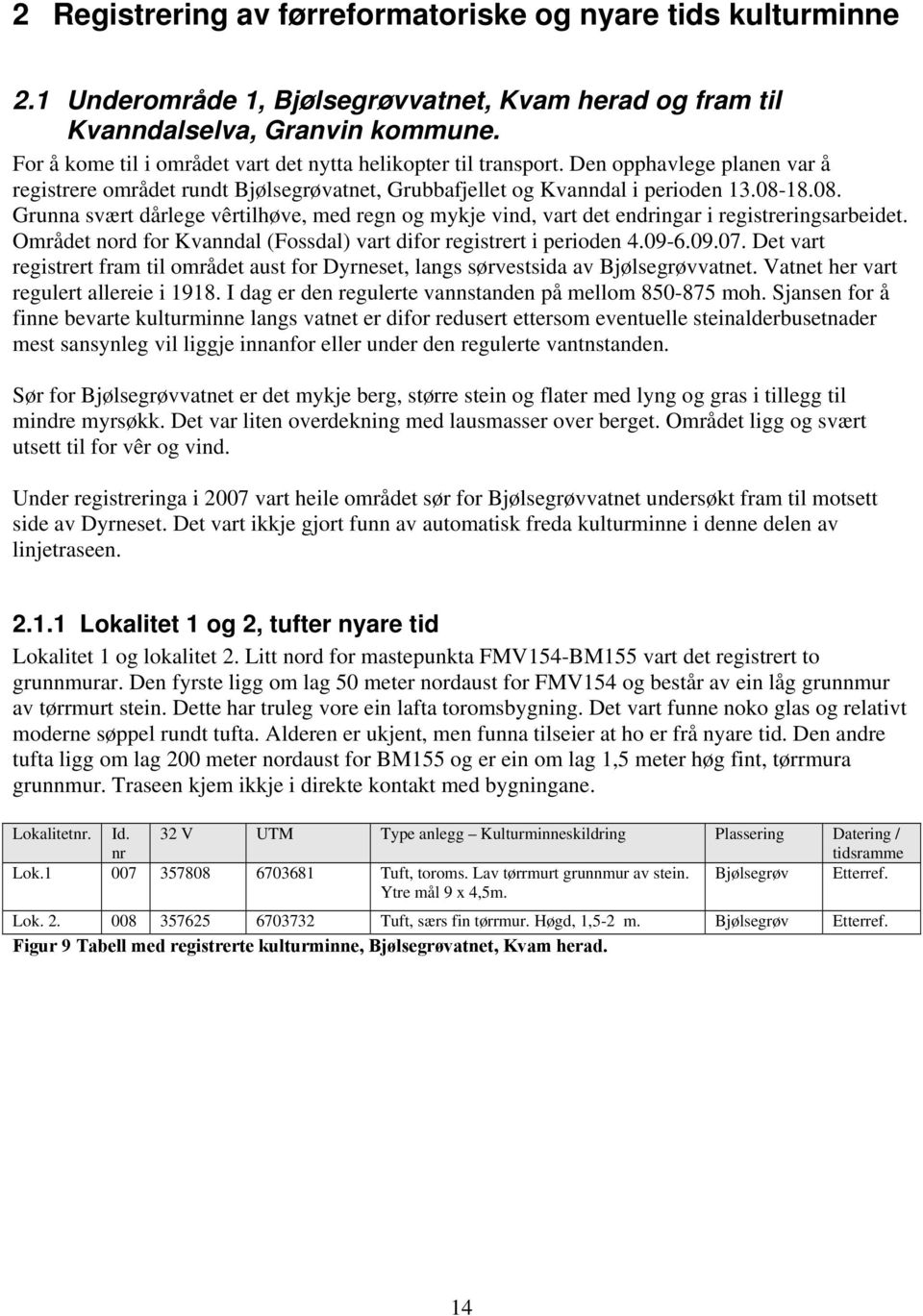 18.08. Grunna svært dårlege vêrtilhøve, med regn og mykje vind, vart det endringar i registreringsarbeidet. Området nord for Kvanndal (Fossdal) vart difor registrert i perioden 4.09-6.09.07.