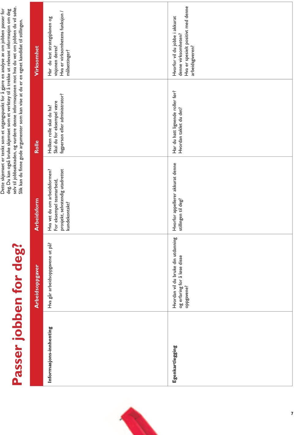 Slik kan du finne gode argumenter som kan vise at du er en egnet kandidat til stillingen. Arbeidsoppgaver Arbeidsform Rolle Virksomhet Informasjons-innhenting Hva går arbeidsoppgavene ut på?