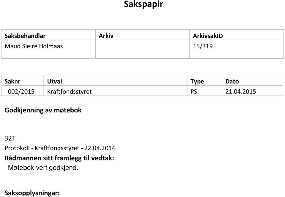 2015 Godkjenning av møtebok 32T Protokoll - Kraftfondsstyret - 22.04.