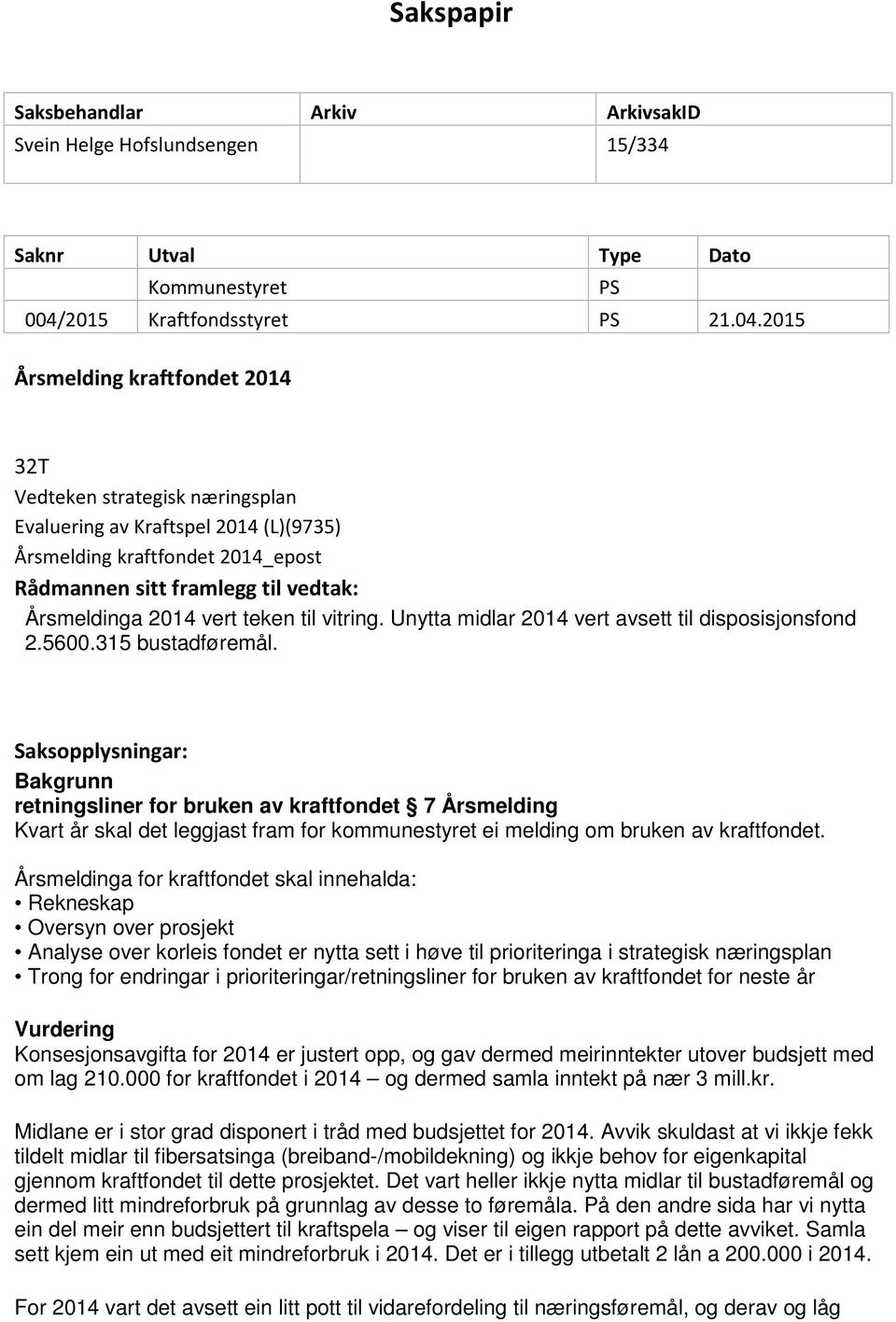 2015 Årsmelding kraftfondet 2014 32T Vedteken strategisk næringsplan Evaluering av Kraftspel 2014 (L)(9735) Årsmelding kraftfondet 2014_epost Rådmannen sitt framlegg til vedtak: Årsmeldinga 2014 vert