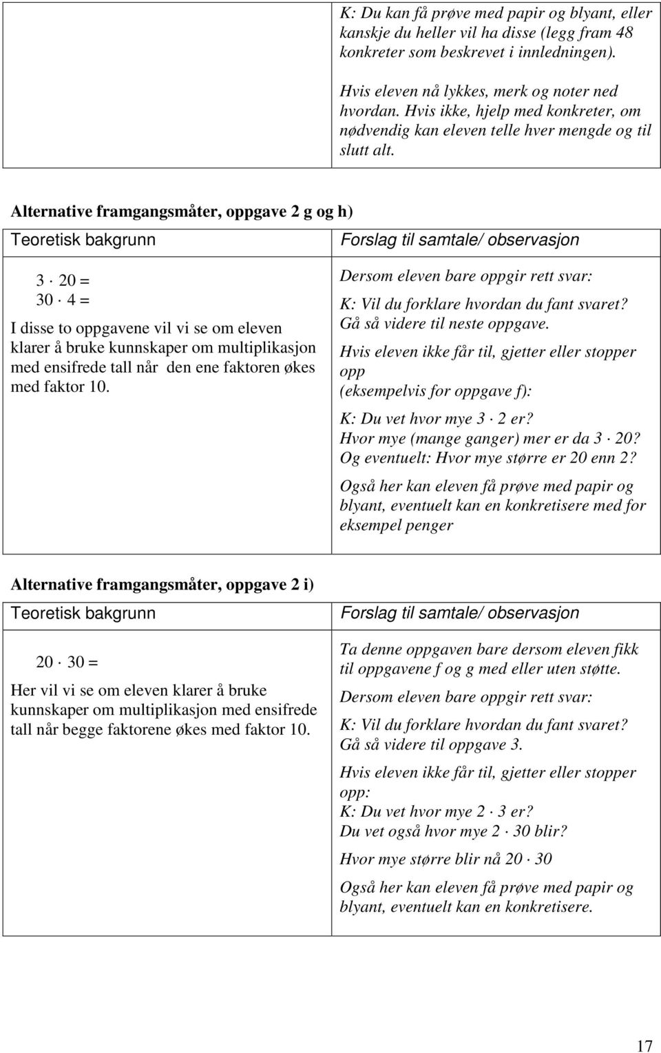 Alternative framgangsmåter, oppgave 2 g og h) / observasjon 3 20 = 30 4 = I disse to oppgavene vil vi se om eleven klarer å bruke kunnskaper om multiplikasjon med ensifrede tall når den ene faktoren