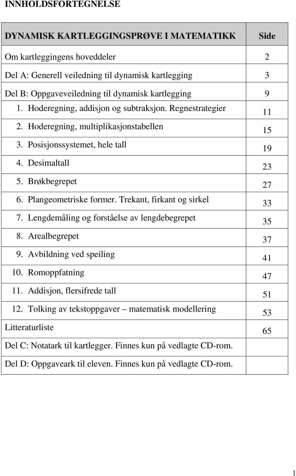 Plangeometriske former. Trekant, firkant og sirkel 33 7. Lengdemåling og forståelse av lengdebegrepet 35 8. Arealbegrepet 37 9. Avbildning ved speiling 41 10. Romoppfatning 47 11.