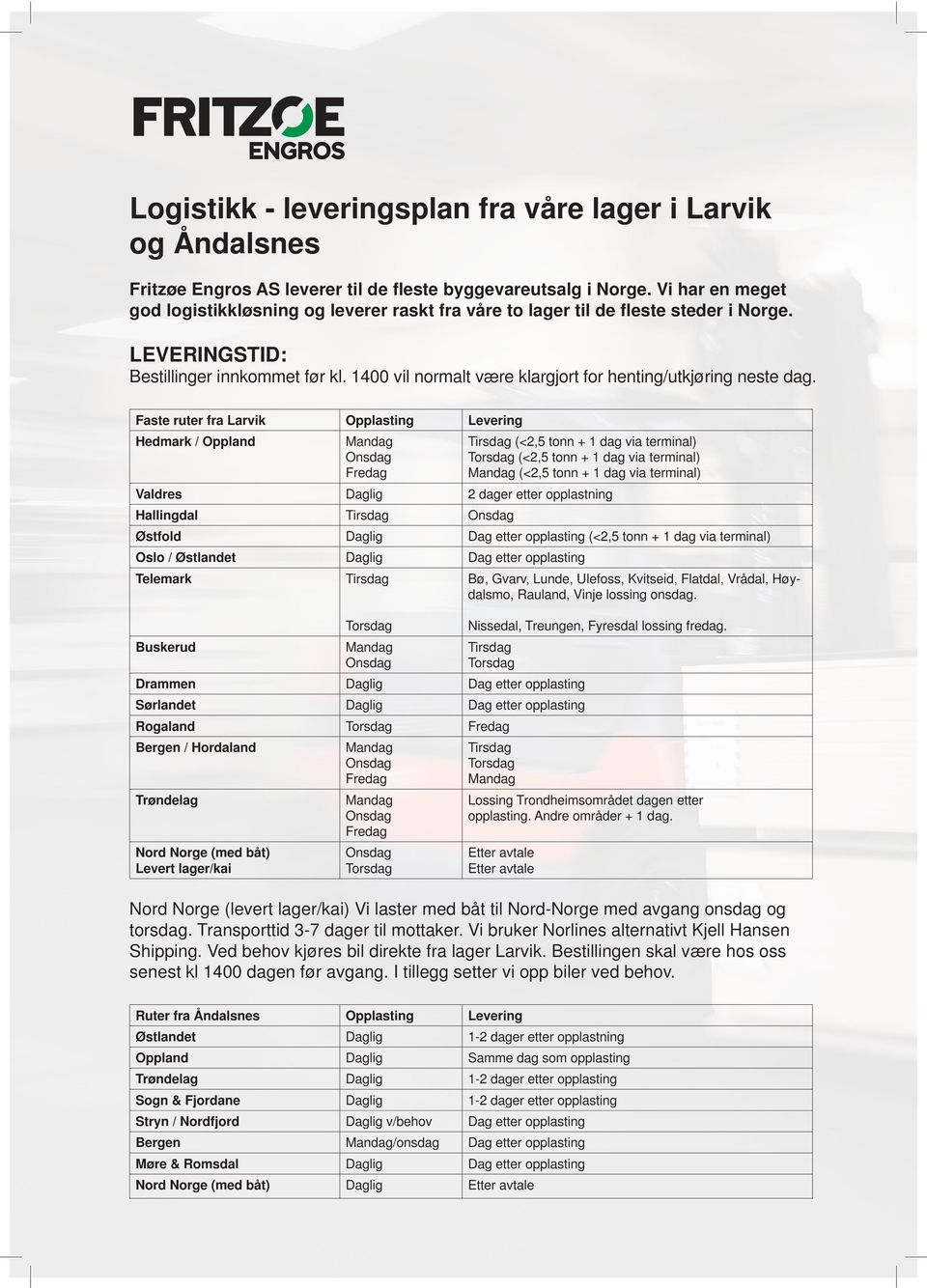 Vi har en meget god logistikkløsning og leverer raskt fra våre to lager til de fleste steder i Norge. LEVERINGSTID: Bestillinger innkommet før kl.